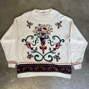 RARE VINTAGE 90s KNITMAKERS INDIE BOHO GRAPHIC MULTI-PATTERNED GRAPHIC SWEATER